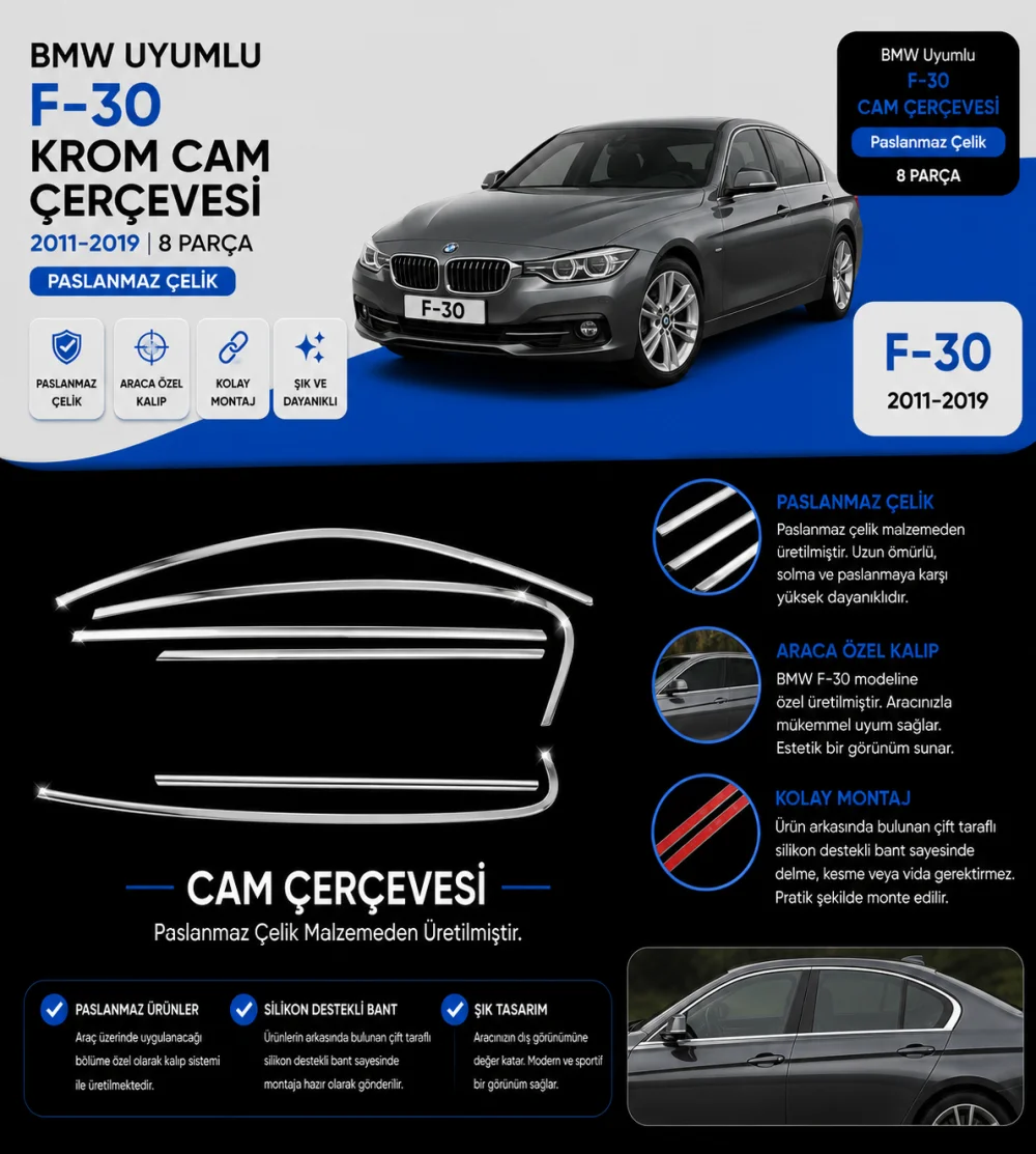 BMW Uyumlu F-30 Krom 2011-2019 8 Parça Cam Çerçevesi