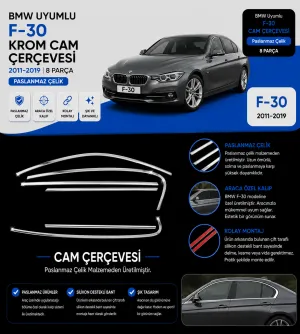 Bmw Uyumlu F-30 Krom 2011-2019 8 Parça Cam Çerçevesi
