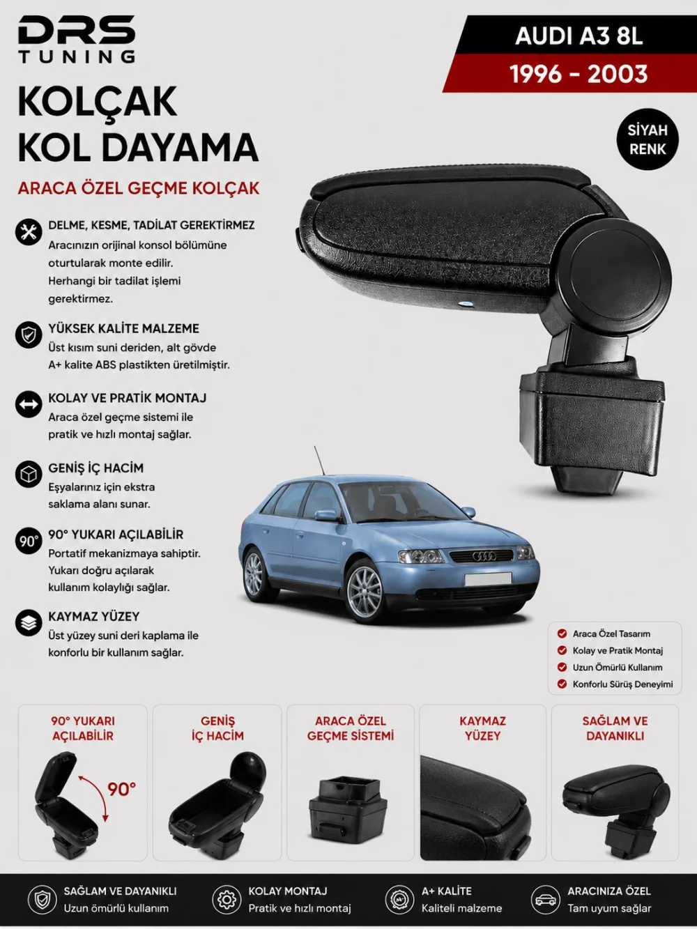 Audi A3 8L 1996-2003 Kolçak Kol Dayama Siyah