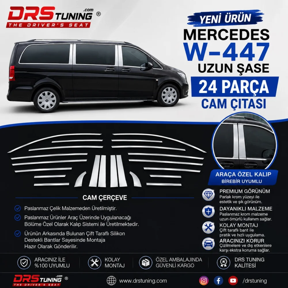 Mercedes Vito 2015 - 2024 Uzun Şase Krom Cam Çerçevesi 24 Parça