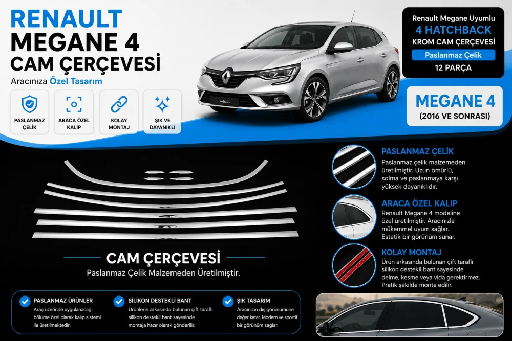 Renault Megane Uyumlu 4 Hatchback Krom Cam Çerçevesi 12 Parça 2016 Ve Sonrası