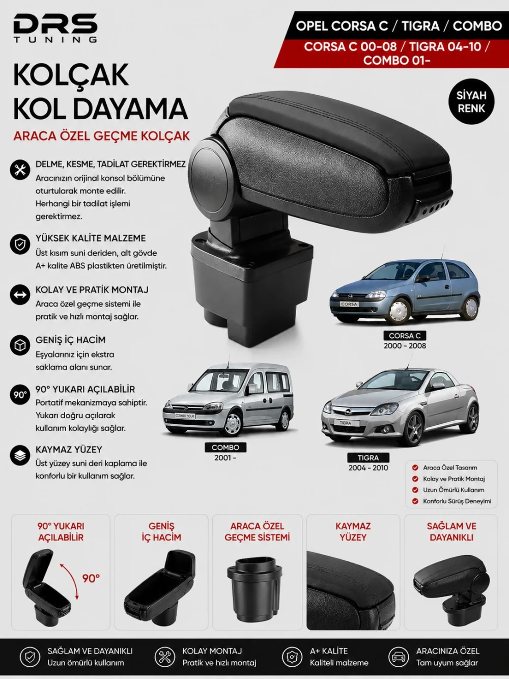 Opel Corsa C / Combo C 2000 - 2008 Kolçak Kol Dayama Siyah