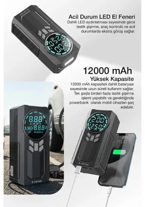 Akü takviye Cihazı Hava Kompresörü 12.000mAh - 150PSI - Görsel 3