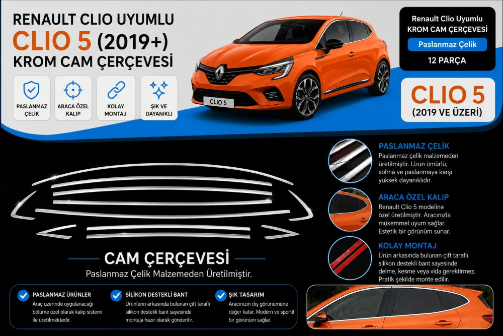 Renault Clio Uyumlu Krom Cam Çerçevesi 12 Parça 2019 Ve Üzeri Parça Clio 5 (2019+)