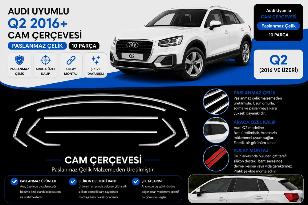 Audi Uyumlu Q2 2016+ 10 Parça Cam Çerçevesi
