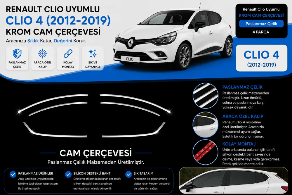 Renault Clio Uyumlu 4 Cam Çerçevesi 2012-2018 Paslanmaz Çelik Parça