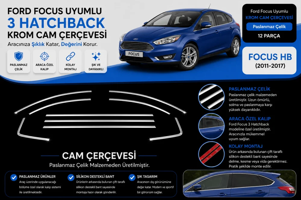Ford Focus Uyumlu 3 Hatchback Krom Cam Çerçevesi Parça