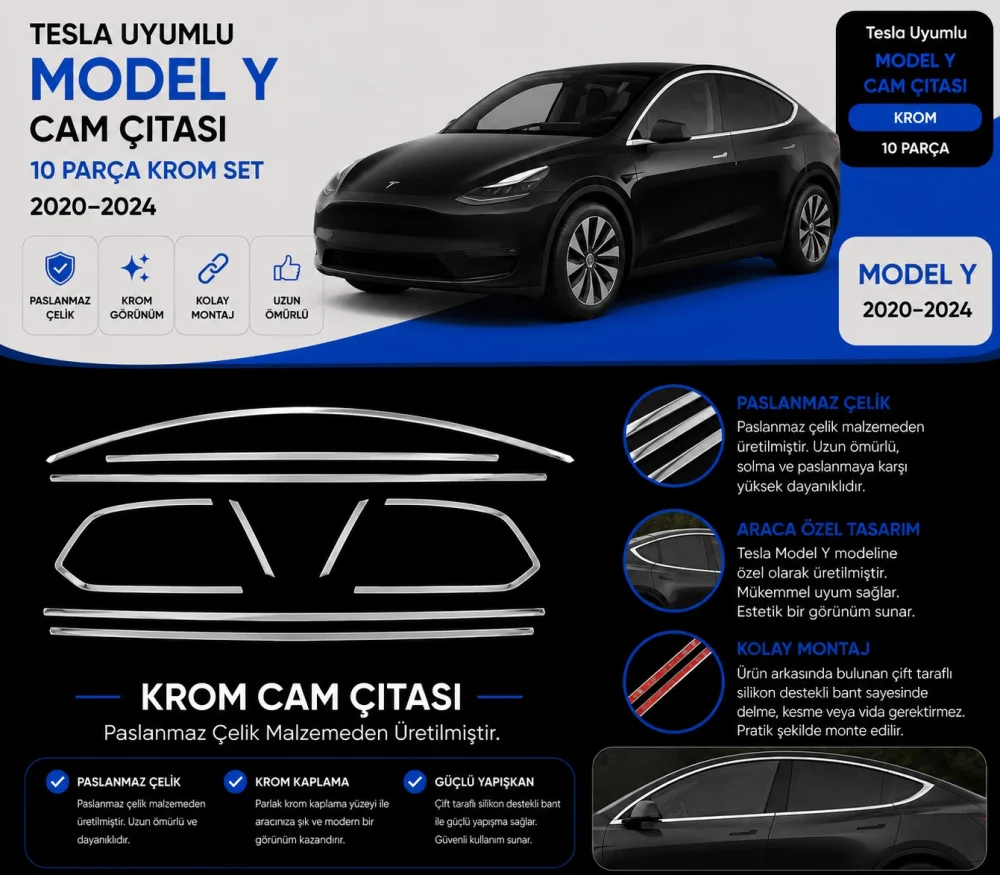 Tesla Model Y 2020 - 2024 Krom Tam Tur Cam Çıtası 10 Parça