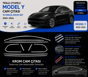 Tesla Model Y 2020 - 2024 Krom Tam Tur Cam Çıtası 10 Parça