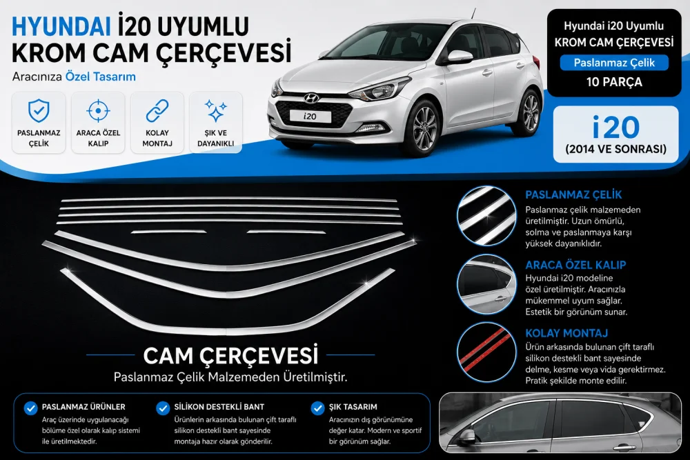 Hyundai İ20 Uyumlu Krom Cam Çerçevesi 10 Parça 2014 Ve Sonrası