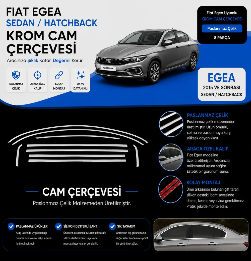 Fiat Egea Sedan/Hatchback Krom Uyumlu Cam Çerçevesi 8 Parça 2015 Ve Sonrası