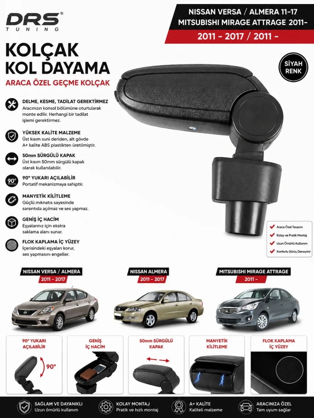Nissan Versa / Almera 2011 - 2017  Kolçak Kol Dayama Siyah