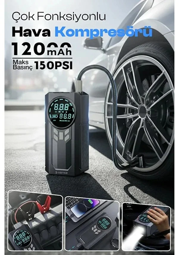 Akü takviye Cihazı Hava Kompresörü 12.000mAh - 150PSI