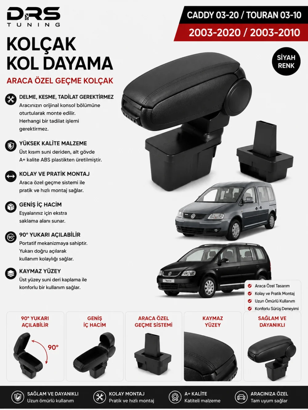 Volkswagen Caddy 2003 - 2020 / Touran 2003 - 2015 Kolçak Kol Dayama Siyah