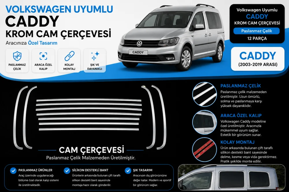 Omkar Volkswagen Uyumlu Caddy Krom Cam Çerçevesi 12 Parça 2003-2019 Arası