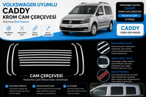 Omkar Volkswagen Uyumlu Caddy Krom Cam Çerçevesi 12 Parça 2003-2019 Arası