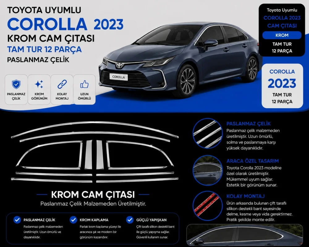 Toyota Corolla 2023+ Krom Tam Tur Cam Çıtası 12 Parça