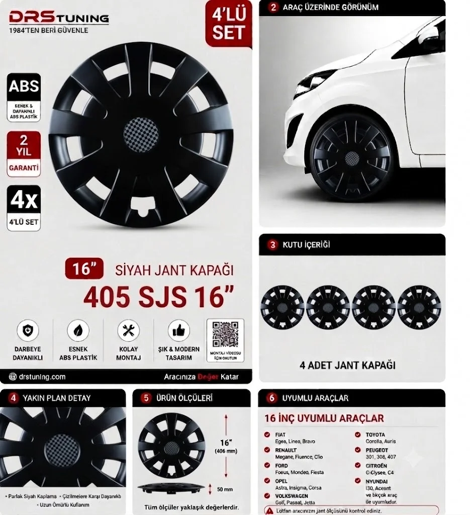 Drs Tuning Uyumlu 16 Inc Kırılmaz Parlak Siyah Jant Kapağı 1 Takım 4 Adet No:405