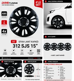 Drs Tuning Uyumlu 15 Inç Kırılmaz Parlak Siyah Jant Kapağı 1 Takım 4 Adet No:312 thumb 1