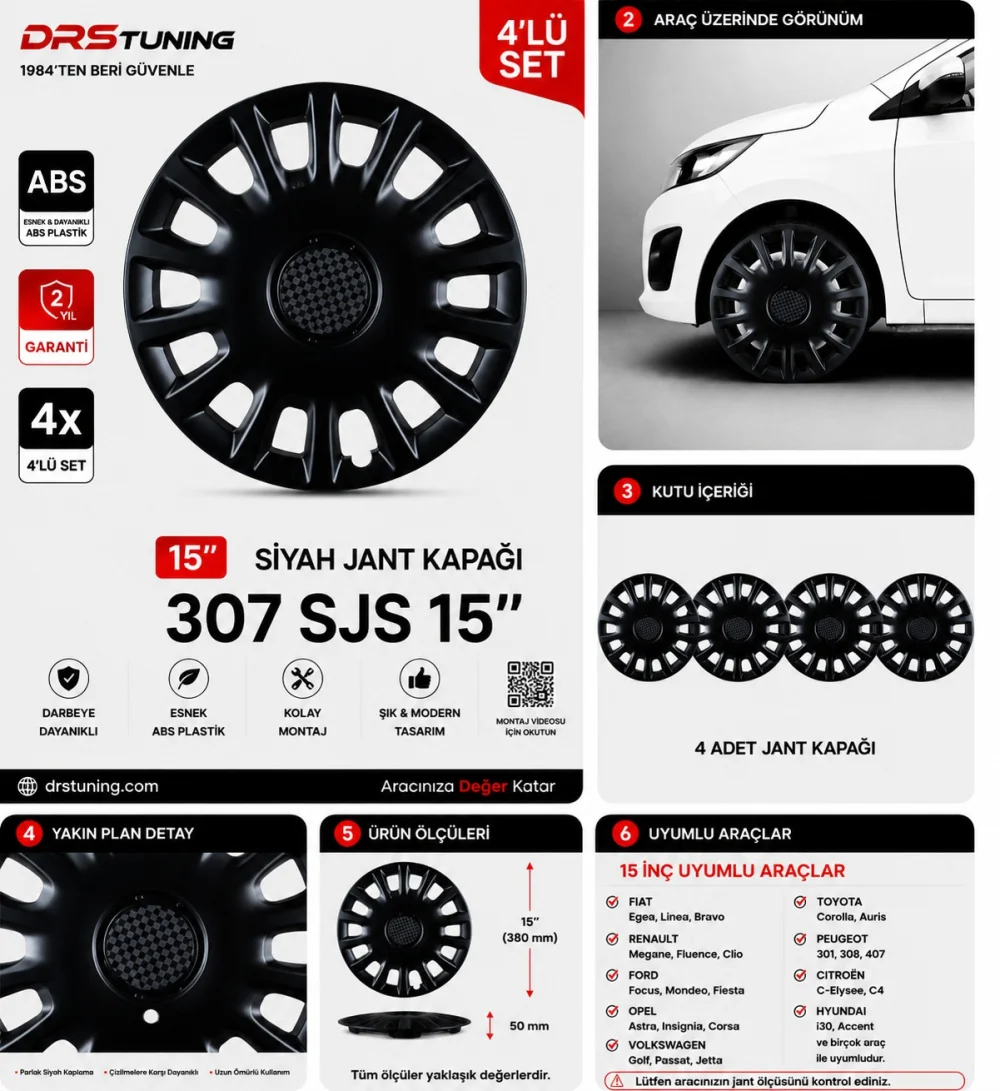 Skoda Uyumlu 15 inç Kırılmaz Parlak Siyah Jant Kapağı 1 Takım 4 Adet No:307