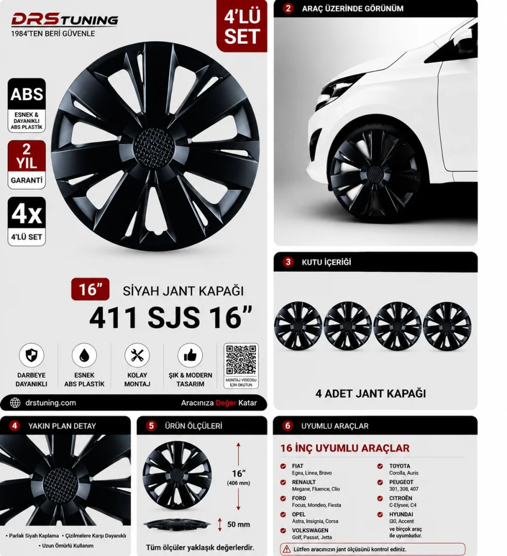 Renault Uyumlu 16 Inc Kırılmaz Parlak Siyah Jant Kapağı 1 Takım 4 Adet No:411