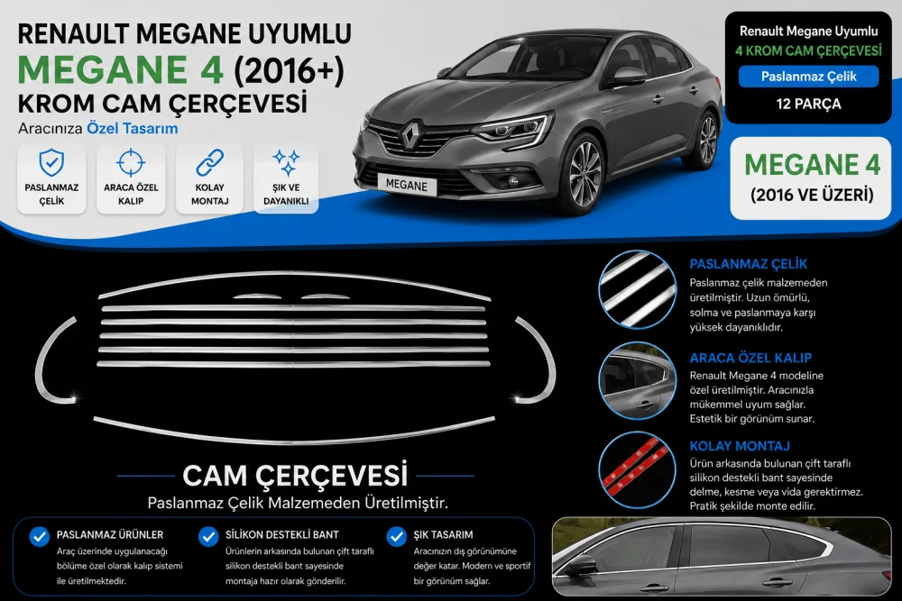 Renault Megane Uyumlu 4 Krom Cam Çerçevesi 12 Parça Megane 4 (2016+)