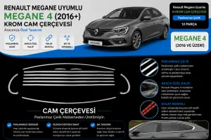 Renault Megane Uyumlu 4 Krom Cam Çerçevesi 12 Parça Megane 4 (2016+)