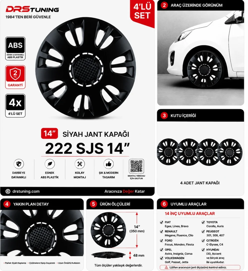 Hyundai Uyumlu Uyumlu 14 Inc Kırılmaz Parlak Siyah Jant Kapağı 1 Takım 4 Adet No:222