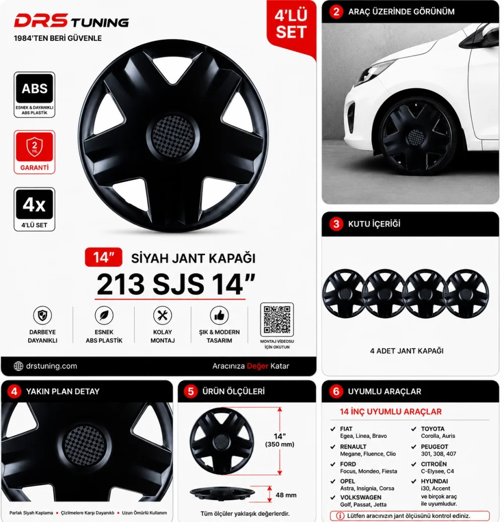Hyundai Uyumlu 14 Inç Kırılmaz Parlak Siyah Jant Kapağı 1 Takım 4 Adet No:213