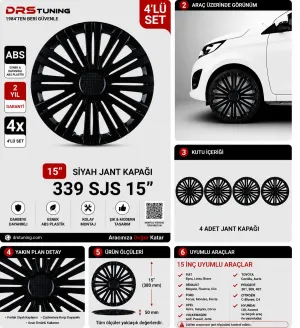 Chery Uyumlu 15 Inç Kırılmaz Parlak Siyah Jant Kapağı 1 Takım 4 Adet No:339