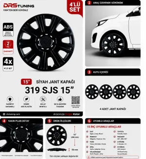 Alfa Romeo Uyumlu 15 Inç Kırılmaz Parlak Siyah Jant Kapağı 1 Takım 4 Adet No:319