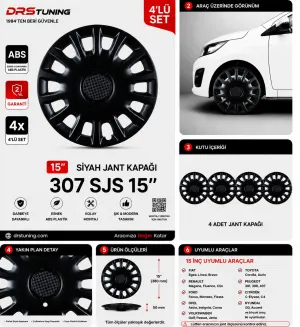 Alfa Romeo Uyumlu 15 Inç Kırılmaz Parlak Siyah Jant Kapağı 1 Takım 4 Adet No:307