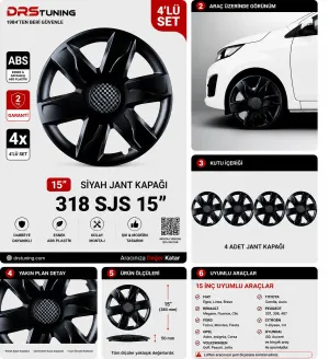 Alfa Romeo Uyumlu 15 Inc Kırılmaz Parlak Siyah Jant Kapağı 1 Takım 4 Adet No:318