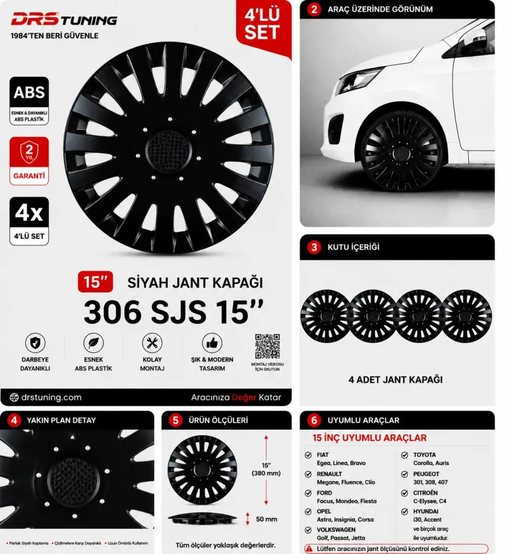 Alfa Romeo Uyumlu 15 Inc Kırılmaz Parlak Siyah Jant Kapağı 1 Takım 4 Adet No:306