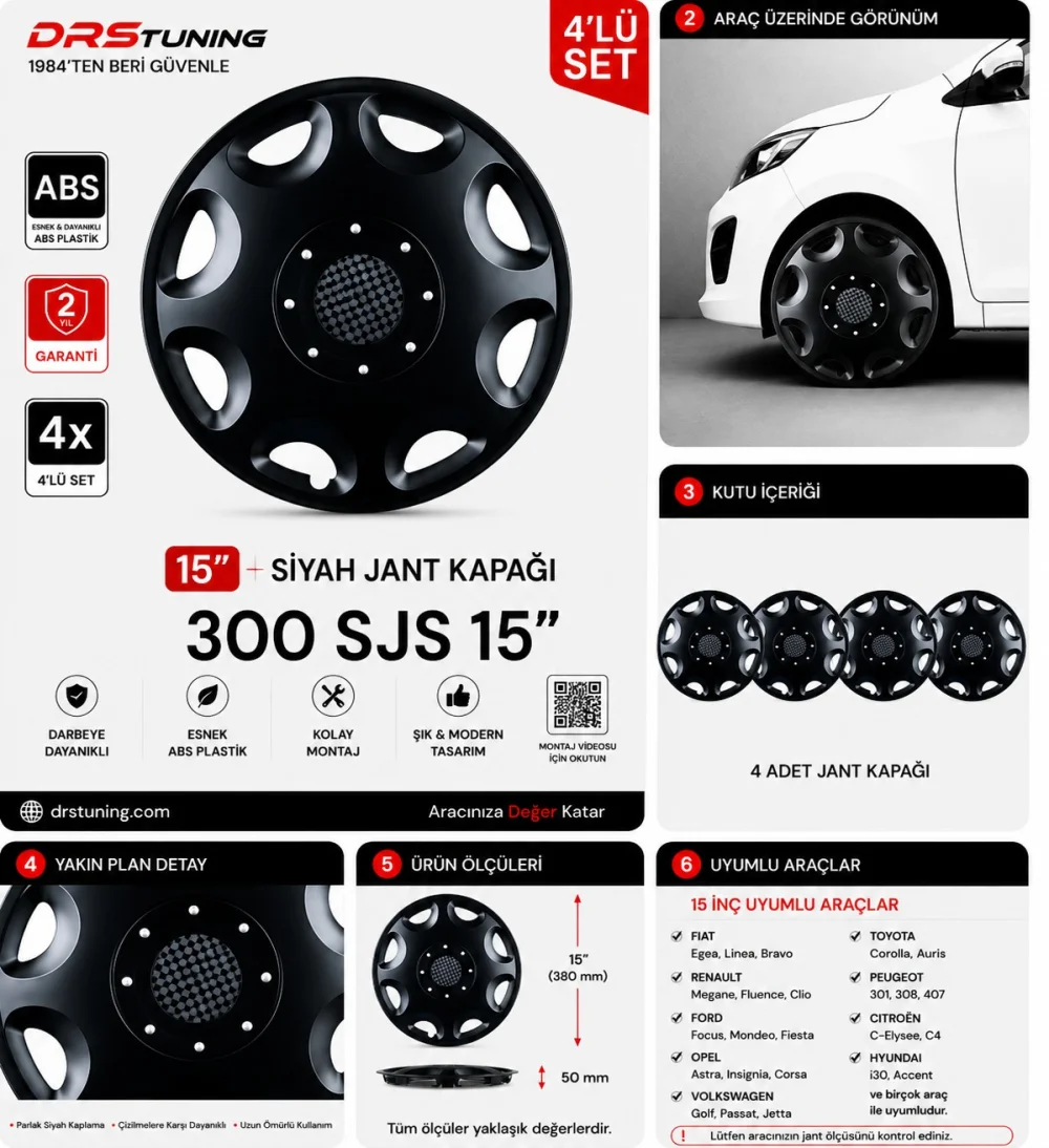 Alfa Romeo Uyumlu 15 Inc Kırılmaz Parlak Siyah Jant Kapağı 1 Takım 4 Adet No:300
