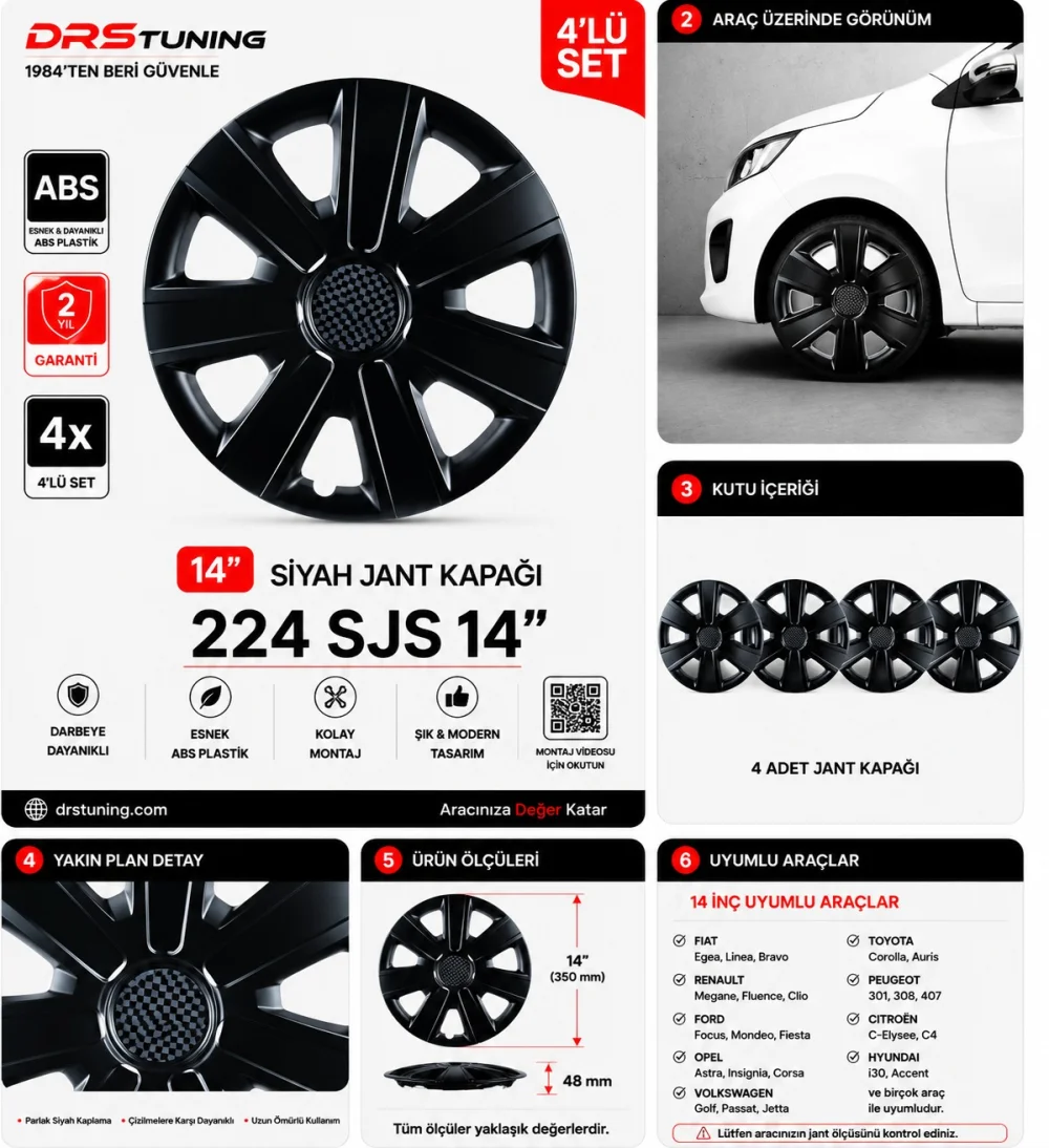 Alfa Romeo Uyumlu 14 Inç Kırılmaz Parlak Siyah Jant Kapağı 1 Takım 4 Adet No:224