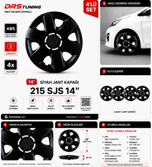 Alfa Romeo Uyumlu 14 Inç Kırılmaz Parlak Siyah Jant Kapağı 1 Takım 4 Adet No:215