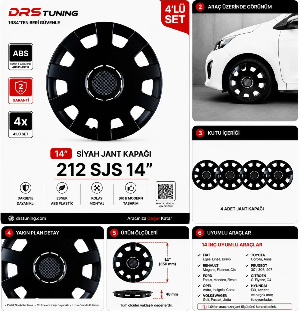 Alfa Romeo Uyumlu 14 Inç Kırılmaz Parlak Siyah Jant Kapağı 1 Takım 4 Adet No:212