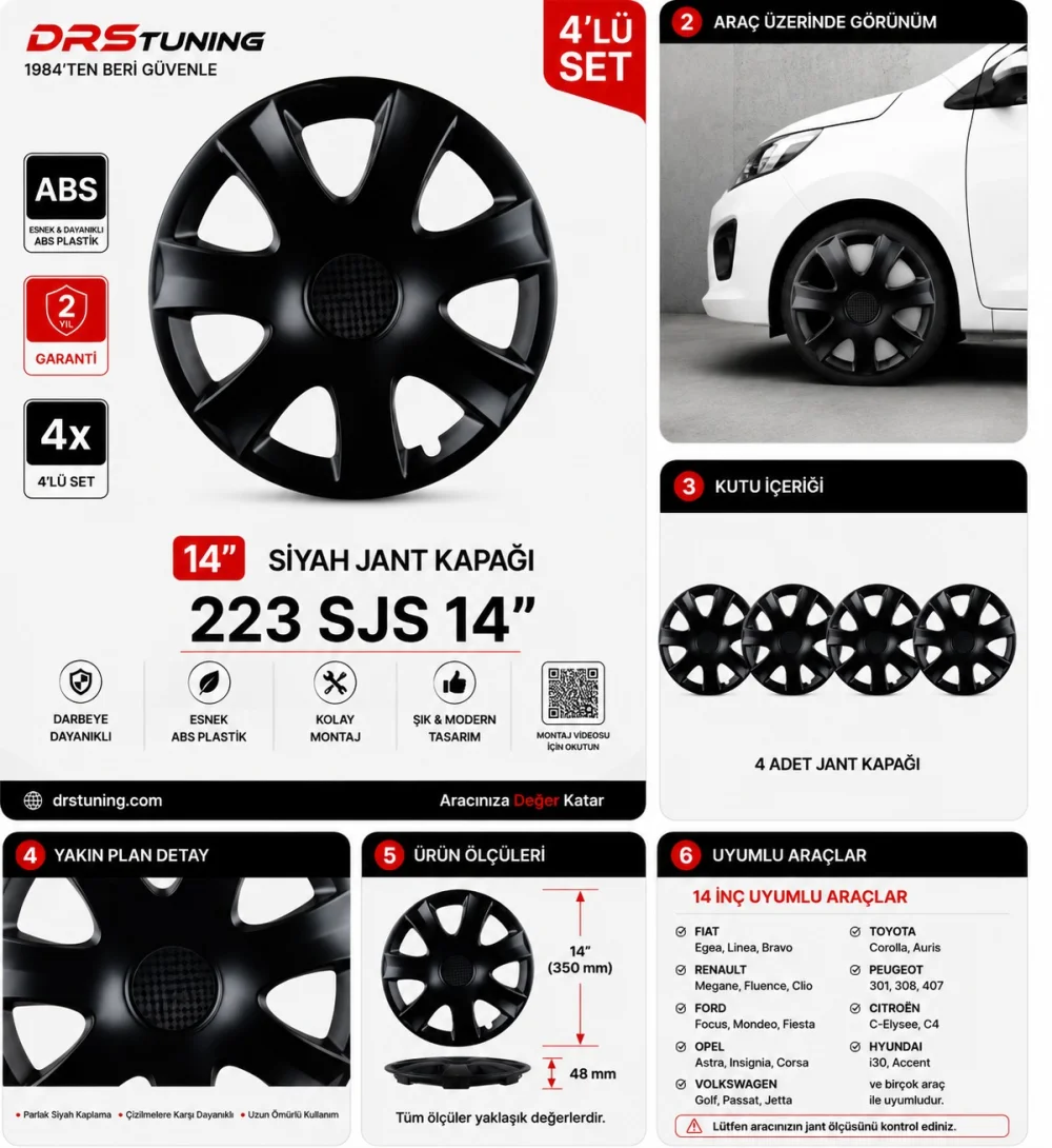 Alfa Romeo Uyumlu 14 Inc Kırılmaz Parlak Siyah Jant Kapağı 1 Takım 4 Adet No:223