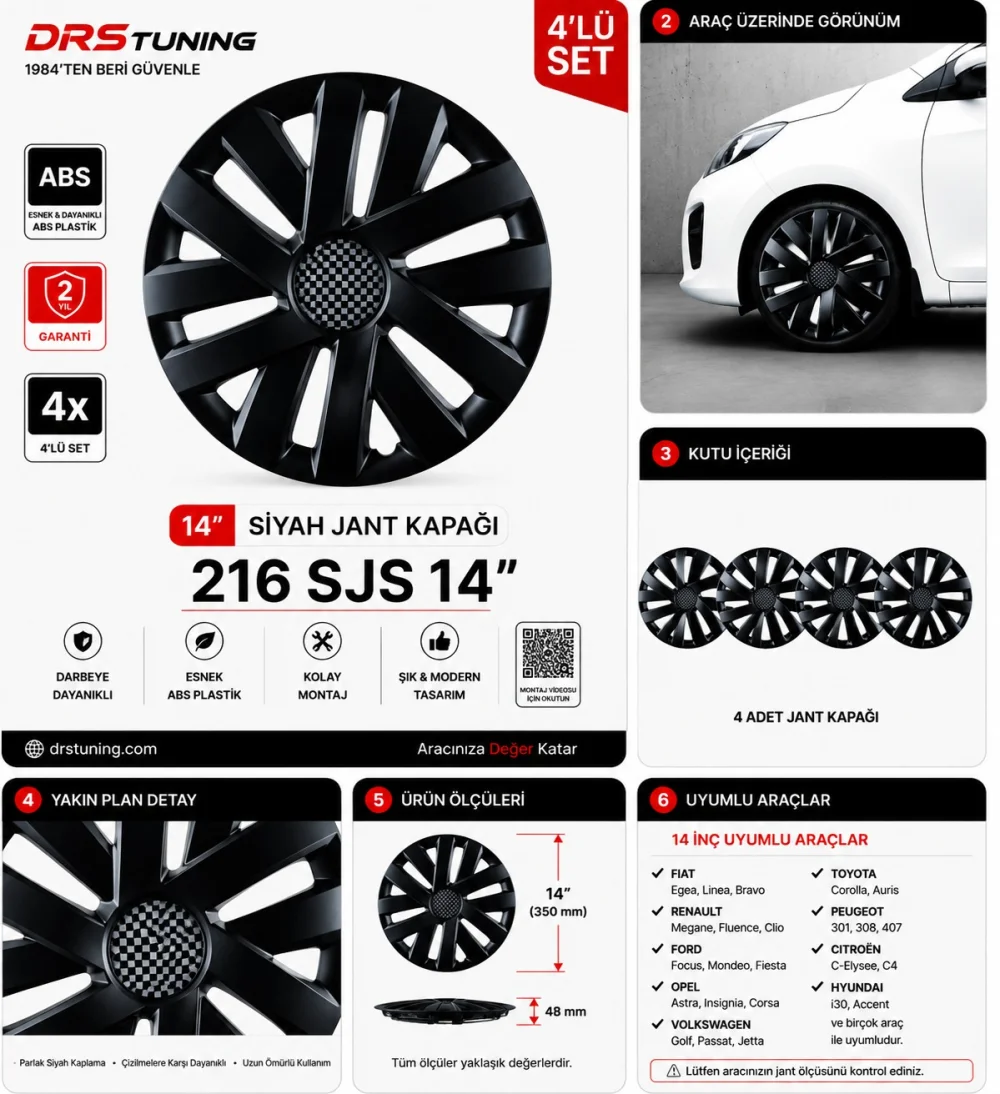 Alfa Romeo Uyumlu 14 Inc Kırılmaz Parlak Siyah Jant Kapağı 1 Takım 4 Adet No:216