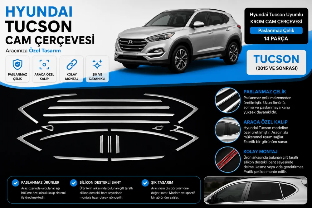 Hyundai Tucson Uyumlu Krom Cam Çerçevesi 14 Parça 2015 Ve Sonrası