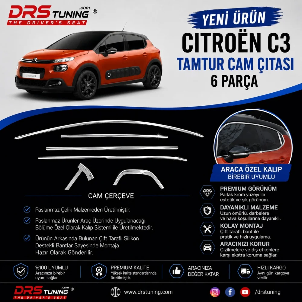 Citroen C3 2016 - 2024 Krom Cam Çıtası 6 Parça