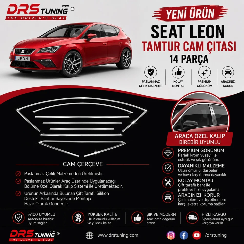 Seat Leon 2013 - 2020 Krom Cam Çerçevesi 14 Parça