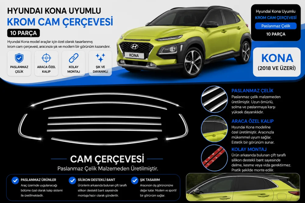 Hyundai Kona Uyumlu Krom Cam Çerçevesi 10 Parça Kona (2018+)