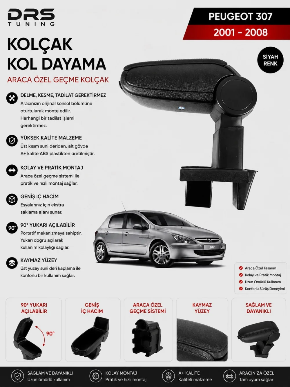 Peugeot 307  2001 - 2008  Kolçak Kol Dayama Siyah