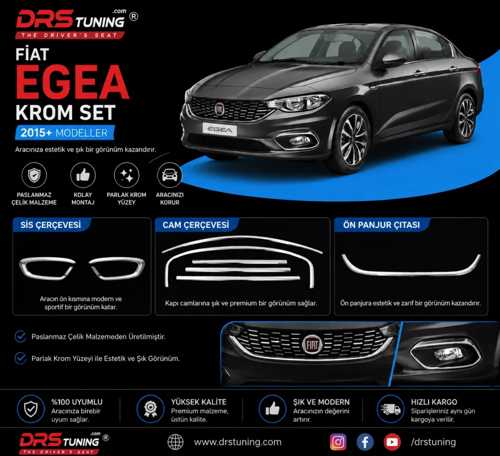 Fiat Egea Uyumlu Cam Çerçevesi-Sis Çerçevesi-Ön Panjur Çıtası Krom Set 2015+