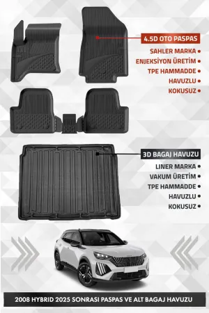 Peugeot 2008 Hybrid 2025 Ve Sonrası Uyumlu 4.5D Premium Havuzlu Oto Paspas Ve Liner Alt Bagaj Havuzu