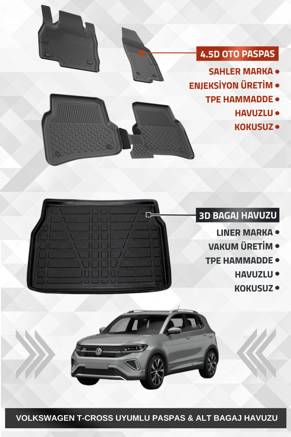 Sahler Volskwagen T-Cross 2022+ Uyumlu 4.5D Premium Havuzlu Oto Paspas ve Liner Marka 3D ALT Bagaj Havuzu