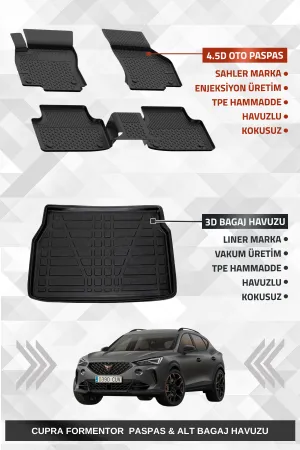 Sahler Cupra Formentor 2020-2024 Uyumlu 4.5D Premium Havuzlu Oto Paspas Ve Liner Marka 3D Alt Bagaj Havuzu