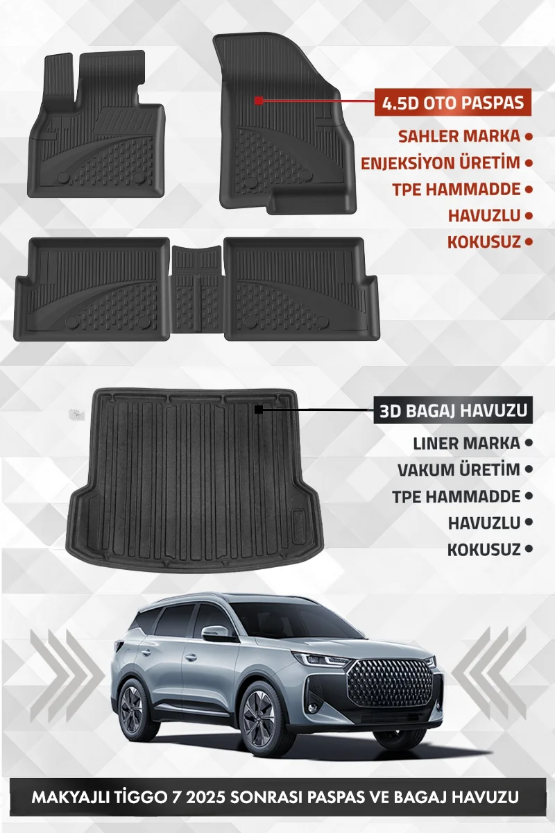 Chery Tiggo 7 Makyajlı 2025 ve Sonrası Uyumlu 4.5D Premium Havuzlu Oto Paspas ve Liner Bagaj Havuzu